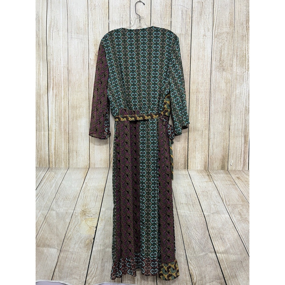 Women Mixed Print Patchwork Faux Wrap Maxi Dress 22/24W Bell Sleeve Boho Artsy - Picture 7 of 8